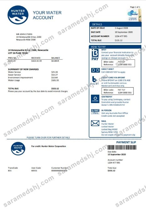 Australia Hunter Water utility bill